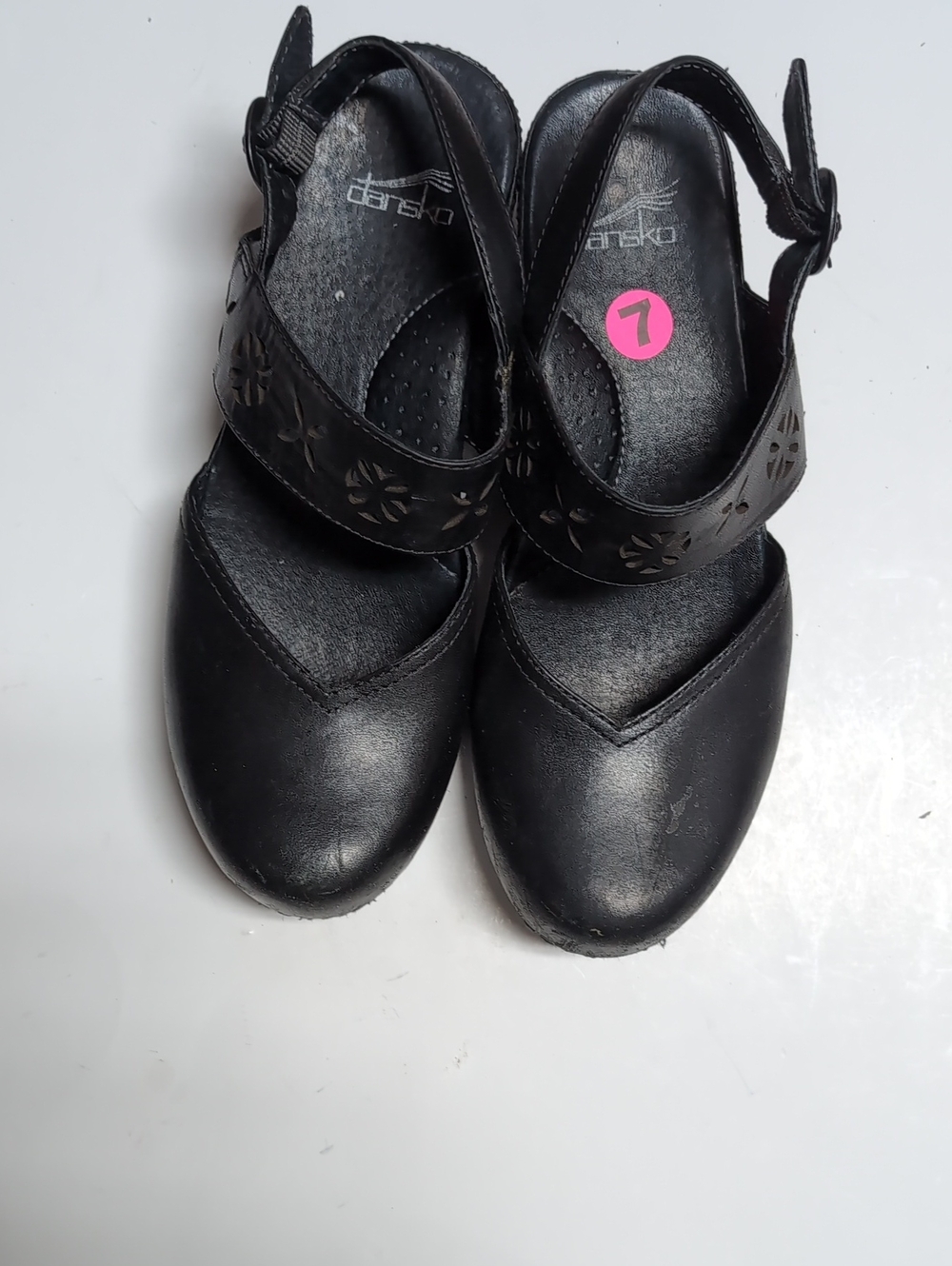 Dansko Black Leather Cutout Strap Clogs